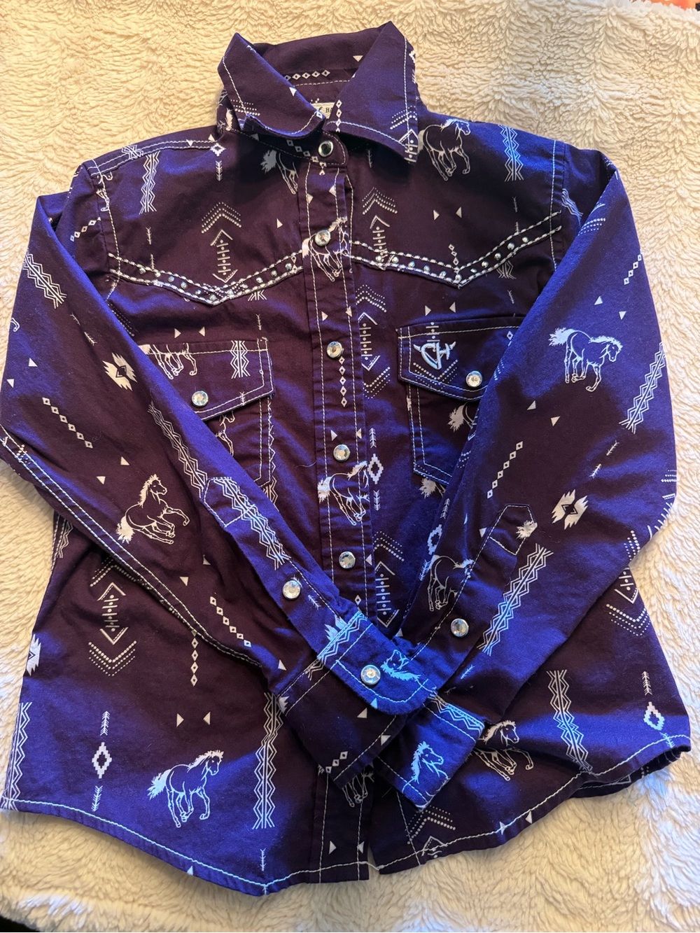 Cowgirl Hardware Long Sleeve Button Up Shirt Horses Western Girls SZ 5 Purple 4H